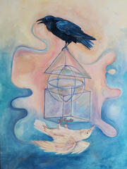 a picture of abstract image with two ravens stitting on pyramids and cube black and white